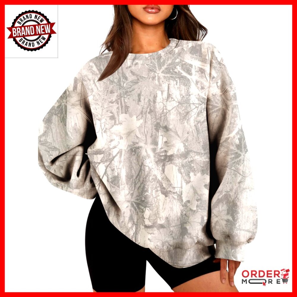 Oversized Camo Sweatshirt Maple Leaf Graphic Crew Neck Pullover Long Sleeve